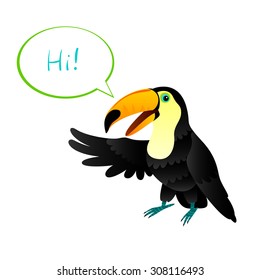 vector illustration of bright toucan, speaking "hi"