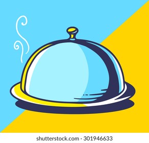 Vector illustration of bright tray with lid on blue and yellow background. Hand drawn line art design for web, site, advertising, banner, poster, board and print.  