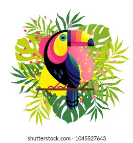 Imagen vectorial de un pájaro tropical brillante Toucan sobre un fondo floral con gotas de tinta.