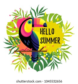 Vector illustration of a bright tropical bird Toucan on a floral background with ink drops. Hello Summer text.