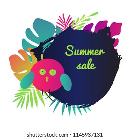 Vector illustration of a bright tropical bird on a floral background with ink drops. Summer sale text