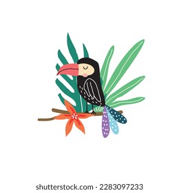 Vector illustration of a bright tropical bird Toucan on floral background, colorful icons of tropical nature.