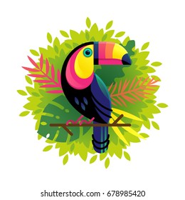 Vector Illustration Of A Bright Tropical Bird Toucan On A Floral Background. Colorful Icon Of Tropical Nature.