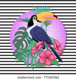 Vector illustration of a bright tropical bird Toucan on a striped background. Colorful icon of tropical nature.