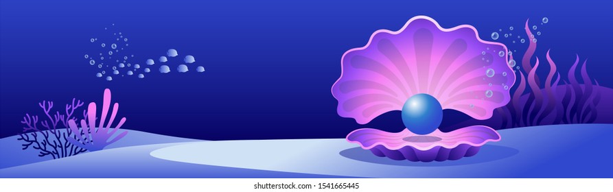 Vector illustration of a bright underwater landscape with a shell and a pearl