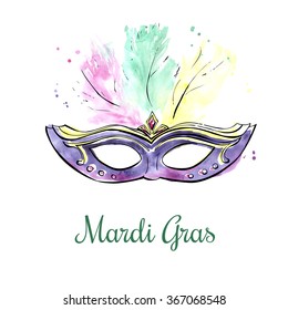 Vector illustration of bright violet Mardi Gras mask with feathers and jewels. Black outline and watercolor texture with artistic splashes and drips. Hand drawn object isolated on white background.