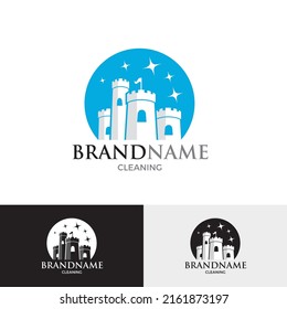 Vector illustration of a bright white castle in round blue shape