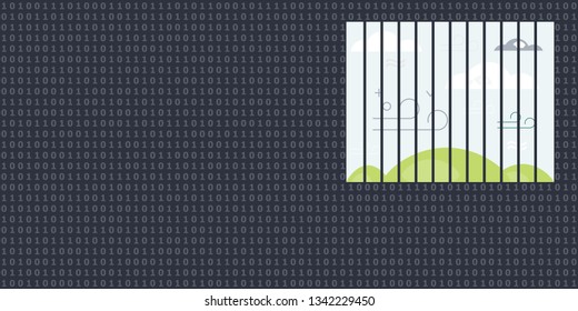 vector illustration of bright window in prison of digital world concept