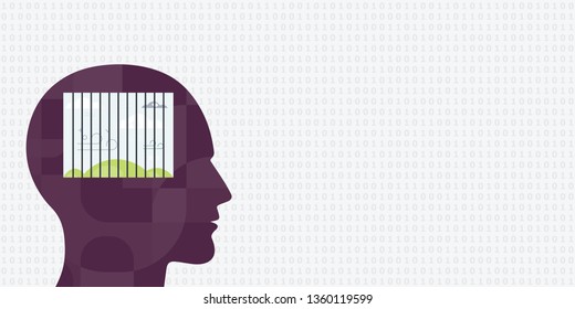 vector illustration of bright window in prison of mentally reserved personality or internet addicted human