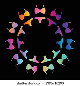 vector illustration of bright women beachwear round frame for emblems and vacation swimsuits collection