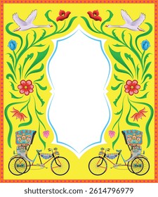 Vector illustration with a bright yellow background inspired by Bangladeshi rickshaw art, featuring floral elements, swans, and traditional motifs. Great for ethnic designs and posters.