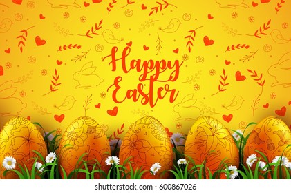 Vector illustration of Bright yellow background with realistic eggs and daisy flowers in the grass