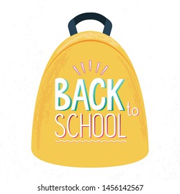 Vector illustration of bright yellow backpack with colorful welcome text sign - back to school. School autumn sale. Lettering design. Template, placard, postcard, design, flyer, presentation, web