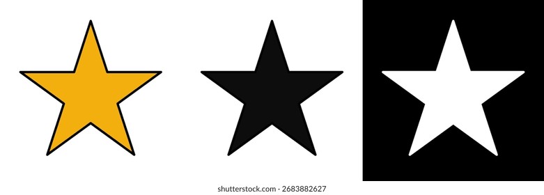 Vektorgrafik eines hellgelben, fünfzackigen Sternensymbols, das häufig für Bewertungen, Qualitätszeichen, Auszeichnungen und Dekorationen verwendet wird. Features schwarze Silhouette und weiße Version auf schwarzem Hintergrund