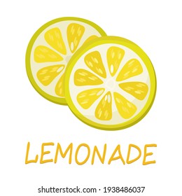 Vector illustration of bright yellow lemonade lettering and lemon slices emblem.