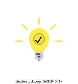 Vector illustration of a bright yellow light bulb with a check mark inside, symbolizing a successful idea, innovation, or creative solution.