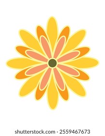 Vector illustration of a bright yellow and orange flower with symmetrical petals and a green center. Perfect for floral decorations or nature projects.