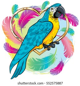 vector illustration of a bright yellow parrot bird with blue wings background feathers