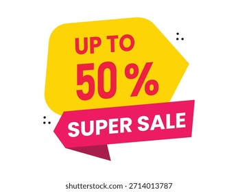 Ilustração vetorial de um adesivo promocional amarelo e rosa brilhante com texto até 50% Super Sale. Design isolado do crachá de desconto adequado para publicidade de e-commerce, ofertas Black Friday, eventos de apuramento sazonal e etiquetas de preço de loja.