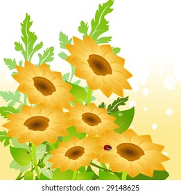 Vector illustration of bright yellow sunflowers on Abstract floral background