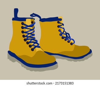 Vector illustration of bright yellow travel boots with blue details and lacing on beige background.