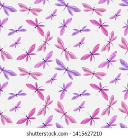 Vector illustration of brightly colored dragonfly in background flight. Seamless pattern