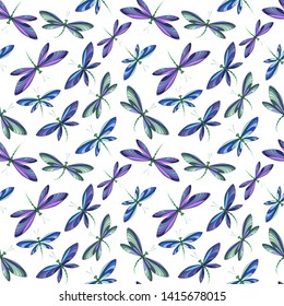 Vector illustration of brightly colored dragonfly in background flight. Seamless pattern