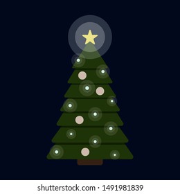 Vector illustration of brightly lit decorated christmas fir tree isolated on dark blue background. New Year festive flat icon with shining star, garland lights and ornaments. Gift print template.