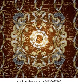 Vector illustration. Brilliant lace, stylized flowers, paisley. Openwork delicate golden pattern. Golden texture curls. On red background with golden elements. Oriental style arabesques.