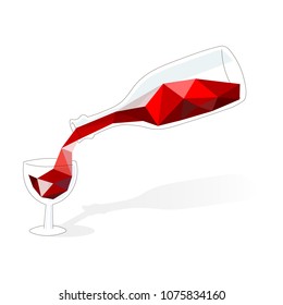Vector illustration. Brilliant red wine in modern polygonal style. Bottle and glass are hand drawn.
