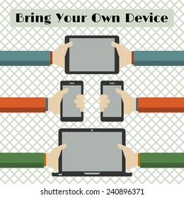 Vector illustration of Bring Your Own Device or BYOD concept in flat style