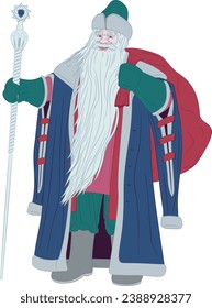 Vector illustration brings to life the charming image of Ded Moroz, the Russian Santa Claus. Dressed in an ancient Russian fur coat with long sleeves and a fur hat. He has an ice staff in his hand