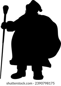 Vector illustration brings to life the charming image of Santa Claus in fur coat and fur hat. He has an magic staff in his hand and a bag of gifts on his back