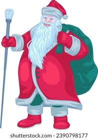 Vector illustration brings to life the charming image of Santa Claus in fur coat and fur hat. He has an magic staff in his hand and a bag of gifts on his back.