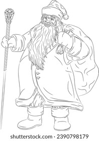 Vector illustration brings to life the charming image of Santa Claus in fur coat and fur hat. He has an magic staff in his hand and a bag of gifts on his back