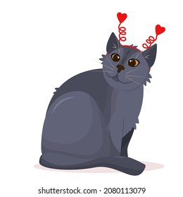 ilustración vectorial de un gato de raza británica con una decoración divertida con corazones en la cabeza aislados en un fondo blanco. El tema del amor y la celebración del Día de San Valentín