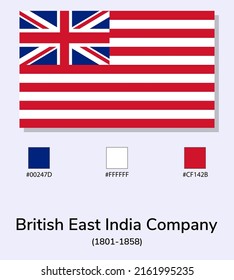 Vector Illustration of British East India Company (1801-1858) flag isolated on light blue background. Illustration British East India Company flag with Color Codes. 