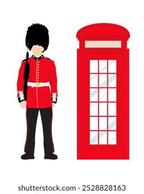 Ilustración vectorial de un soldado de seguridad británico y una cabina telefónica roja