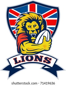 vector illustration of a British Lion playing rugby with ball and Union Jack shield isolated on white background