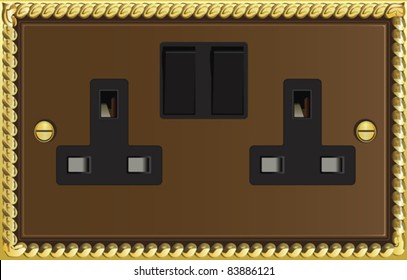 vector illustration of a british twin plug socket outlet with fancy brass border