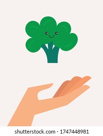 Vector illustration of Broccoli and Hand. Happy Broccoli Character. Healthy Eating Concept.