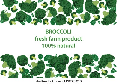 vector illustration of broccoli and leaf design background white and vegetable and text fresh farm product 100% natural EPS10