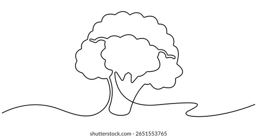 Ilustração vetorial de brócolis com uma linha, silhueta desenhada à mão de legumes de brócolis de uma linha desenhada única contínua. Linhagem. Rabiscar, uma única linha contínua de brócolis verde