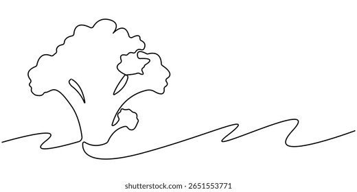 Ilustração vetorial de brócolis com uma linha, silhueta desenhada à mão de legumes de brócolis de uma linha desenhada única contínua. Linhagem. Rabiscar, uma única linha contínua de brócolis verde