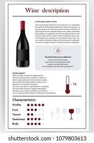 Vector illustration. Brochure, form describing the characteristics of red wine. Feed temperature, brief description, history of origin, tableware glass for serving, taste criteria. Tannins, acidity, fortress.