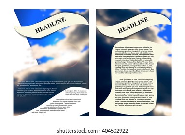 Vector illustration brochure template with the background of the cloudy sky. presents two pages side, the cover and the reverse.