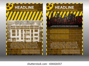 Vector illustration brochure template with a brick wall, building and urban landscape, with elements of industrial construction. Displaying two sides of the front and rear.