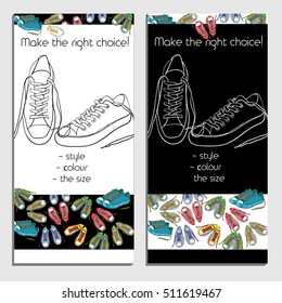 Vector illustration of brochure teplate, flyer design, poster for footwear shop. Doodle template. Hand drawn brochure.