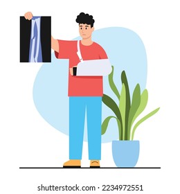 Ilustración vectorial del brazo roto. Escena de caricatura con un tipo sosteniendo una radiografía de su brazo roto sobre fondo blanco.