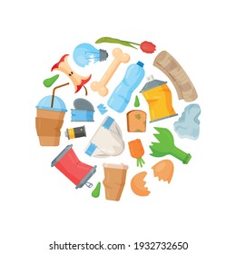Vector illustration of broken bottles, broken things, waste. Collection of stumps, bent cans, etc.